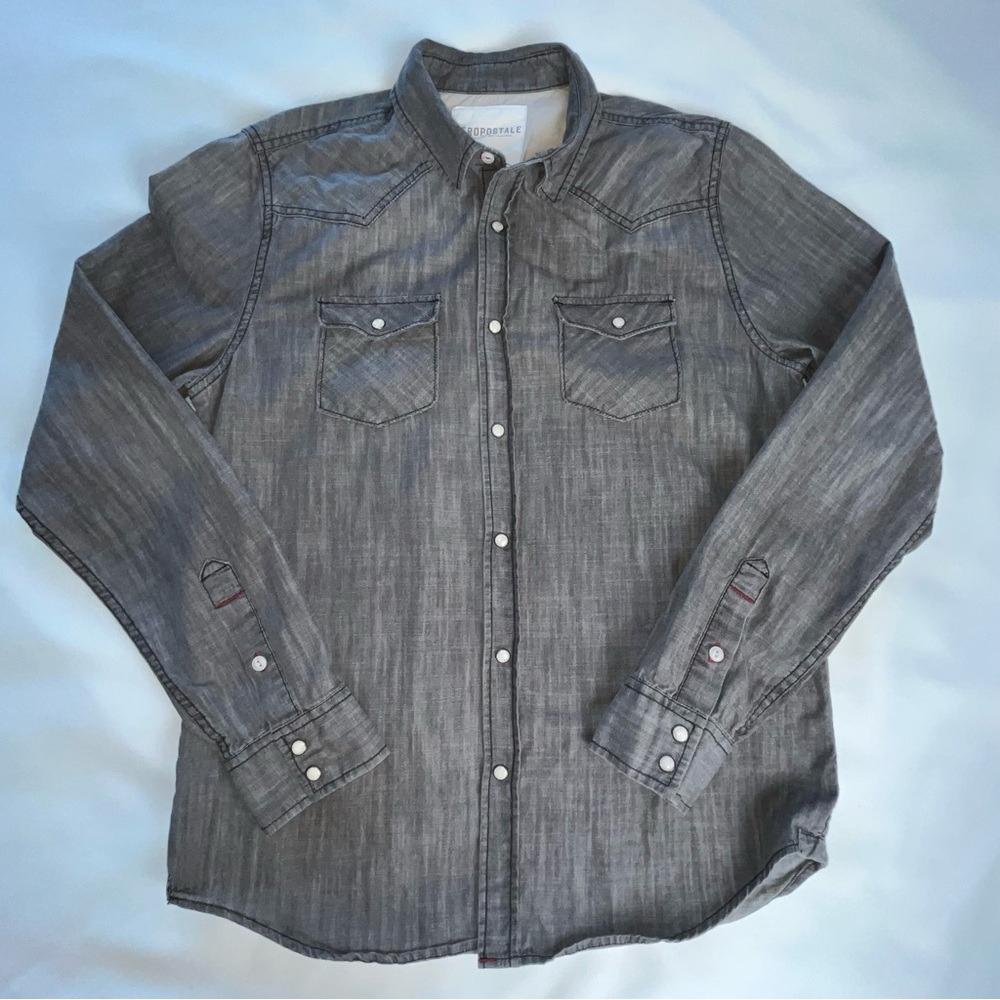 Aeropostale Pearl Snap Shirt Mens Medium Grey Western Snap-Up Casual Long Sleeve